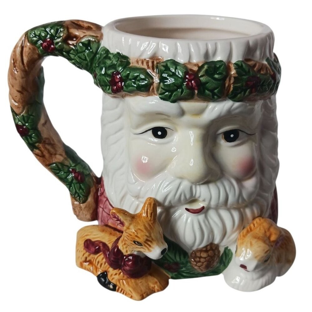 Alco Vtg Santa Claus Ceramic Mug With 3D Deer & Rabbit Design Multicolor